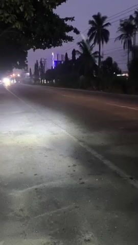 A dark asphalt road is visible at dusk. There are trees on the left and palm trees on the right. In the distance, there are some lights and structures, including what appears to be a blue illuminated building. Vehicles are moving on the road, their headlights illuminating the asphalt. One vehicle is seen in the foreground on the right side of the road, moving away from the camera. The sky is dusky and overcast.