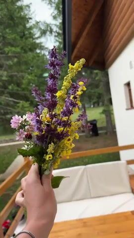 A hand holds a bouquet of wildflowers in front of a wooden railing and a building. The bouquet contains purple and yellow flowers, as well as some smaller pink and white flowers. The hand is wearing a bracelet. The background shows trees and a cloudy sky. The video appears to be filmed outdoors on a porch or balcony. The flowers are being moved slightly, causing a slight blur.