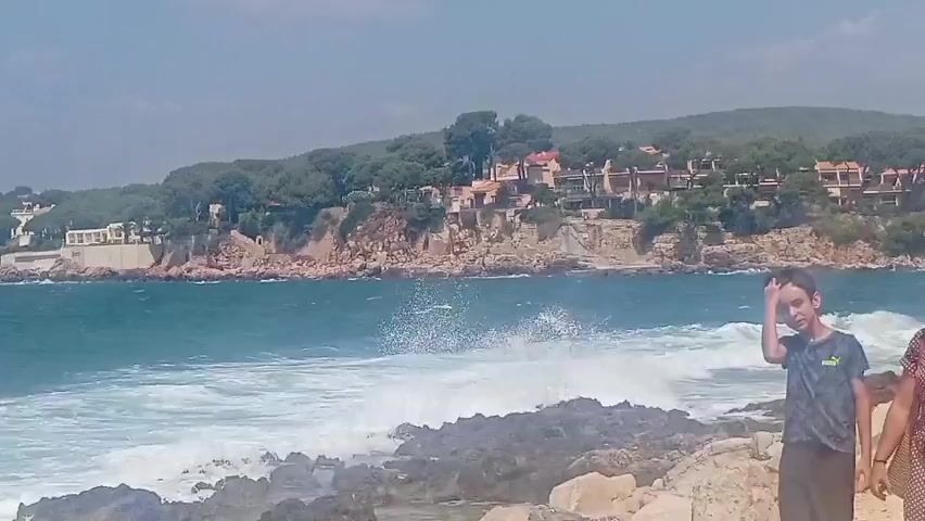 The video shows a family walking on a rocky beach with the ocean in the background. A boy is walking in the foreground, followed by a girl, a woman, and a man. The ocean is blue and choppy, with waves crashing on the shore. In the background, there are houses on a hill covered in trees. The sky is clear and blue. The people appear to be on vacation.