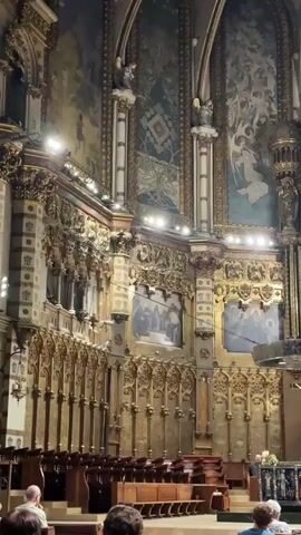 The video shows the interior of a large, ornate church or cathedral. The architecture is elaborate, with gilded decorations, intricate carvings, and large paintings on the walls and ceilings. A circular chandelier with a crucifix hangs in the center of the nave. In the foreground, the backs of people's heads are visible as they sit on pews, facing the altar area. Two individuals in dark robes are standing near the altar, possibly leading a service or giving a presentation. The lighting is dim, creating a dramatic and reverent atmosphere. The camera pans slightly, offering different views of the church's interior.