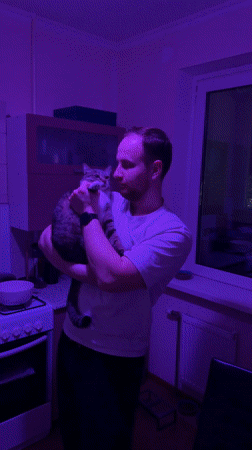 Man holds cat in kitchen with changing colored lights