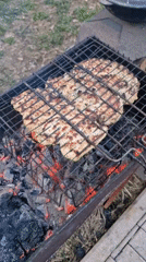 Person grills chicken over charcoal in Otchor, Russia