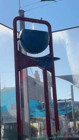 The video shows a water feature at what appears to be a water park. In the center of the frame is a large blue bucket on a red frame. Water is pouring into the bucket from above. As the bucket fills, it tilts forward and spills its contents, creating a cascade of water. The scene is brightly lit, suggesting it is daytime. In the background, there are glimpses of other water park attractions, including blue tarps providing shade, and some people are visible in the lower part of the frame. The overall environment is wet and seems to be designed for recreational water play.