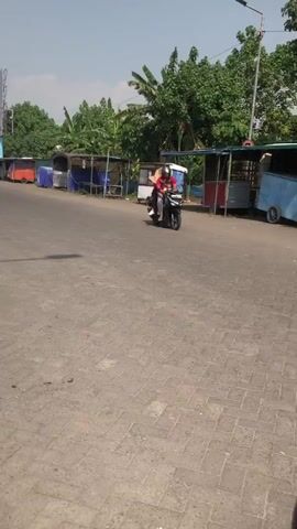 The video shows a bright, outdoor scene, likely during the day due to the strong shadows and clear sky. The foreground is dominated by a paved area with a brick-like pattern. In the mid-ground, a motorcycle with two occupants, one driving and one passenger, travels from left to right across the frame. They are dressed casually, the driver wearing a red shirt and the passenger in a darker top.

The background features a row of small, open-air stalls or kiosks. These structures have various colored tarps and some appear to be made of wood and metal. Behind the stalls, lush green trees and vegetation are visible, with banana trees being noticeable. A lamppost stands on the right side of the frame, and a power pole or antenna is present on the far left. The overall impression is of a roadside or market area on a sunny day.