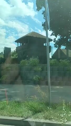 The video shows a wooden structure with a thatched roof, resembling a small observation tower or hut. It is situated on a tiered, stone-like platform surrounded by greenery. Behind the structure, a metal fence and more trees are visible under a bright blue sky with scattered white clouds. The sun appears to be shining, suggesting a daytime scene, likely in pleasant weather. The overall setting seems to be an outdoor area, possibly a park, zoo, or historical site. There is no discernible activity or event taking place in the frame, and no people are visible. The focus is entirely on the building and its immediate surroundings. The wooden structure is dark brown and appears to be made of thick, rough-hewn logs. The thatched roof is a prominent feature. Small green plants grow in crevices and on the tiers of the platform. In the foreground, there is a strip of grass and a paved surface, possibly a road or pathway, with shadows cast across it. The quality of the video is slightly blurry, suggesting it may have been filmed from a moving vehicle or from a distance. No text is visible in the media file. The location cues are minimal, but the context provided places it in Ostrów Mazowiecka, Poland.