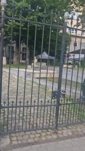The video shows a black wrought iron gate with decorative finials and a plaque attached to one of the posts. Behind the gate, a paved courtyard leads to a fountain with a sculpture. In the background, there are trees, a building with classical architecture, and a modern glass building. The gate is decorated with hanging flower baskets filled with pink petunias. The plaque on the gate post contains text in French and Dutch, indicating historical information about the building.