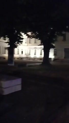 This media file depicts a dimly lit outdoor scene at night. The primary subject is a long, white building with multiple windows, some of which are illuminated from within, casting pools of light onto the ground. A large, dark tree stands prominently in the foreground, its branches obscuring parts of the building. The area in front of the building appears to be a courtyard or garden, with patchy grass and some dark paving. Several small, circular lights are embedded in the ground along the building's facade, creating a pathway effect.

In the far right of the frame, a bicycle is visible, leaning against the building, suggesting a possible residential or commercial setting. The overall atmosphere is quiet and somewhat mysterious due to the low light conditions. The time of day is clearly night, and the weather appears calm, with no indication of rain or wind. While there are no people explicitly visible, the presence of a bicycle and the illuminated windows hint at occupancy. The location cues, combined with the architectural style of the building, suggest it could be a historic or municipal building in a European town. No text is discernible in the media file.