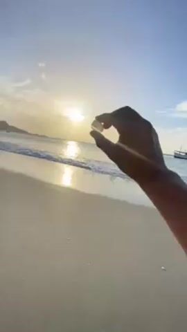 A person's arm and hand hold up a shell on a sandy beach with a low sun and ocean in the background. The person places the shell on the beach, which contains a seashell infinity sign created on the sand, and the person places the shell in the infinity symbol.