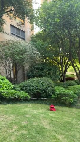 The video shows a manicured garden and courtyard area adjacent to a multi-story building. A red fire hydrant sits on a green lawn in the foreground, which is surrounded by various shrubs and trees. Pink flowers are blooming near a paved walkway. The pathway is lined with low shrubbery and grass. The multi-story building behind the garden has numerous windows, some with small balconies or planters. No people are visible in the scene. The camera pans slowly, showcasing the layout of the garden and the building's facade. The overall setting appears peaceful and well-maintained.