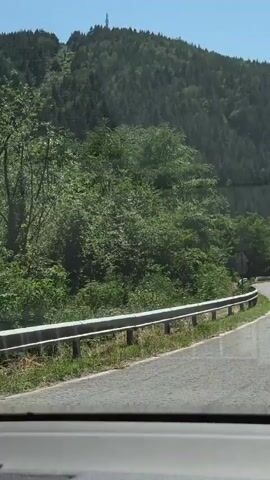 A video taken from a moving vehicle shows a winding road passing through a lush, green forest. The road has a guardrail along the side. Several cars are seen driving on the road. The trees are dense and tall, with sunlight filtering through the leaves. The sky is clear and blue, and the overall impression is one of a scenic drive through a natural landscape.