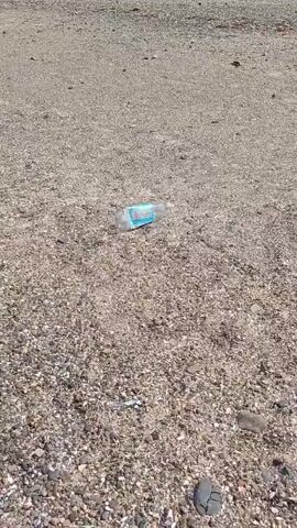 The video shows a beach with a plastic bottle on the ground. The beach is covered in pebbles and shells, and there are buildings in the background. The weather appears to be sunny, and it seems to be daytime. There are a few people in the distance, walking on the beach. The scene is peaceful, with no particular activity taking place other than people enjoying the beach. The bottle appears to be the only object of interest in the foreground.