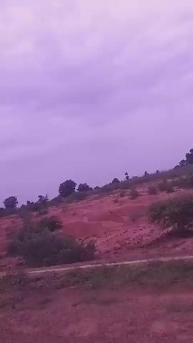 A low-angle, long shot captures a landscape scene with a purple sky. The terrain is sloped and reddish-brown, with sparse vegetation including bushes and trees. A dirt road or path is visible in the foreground, running parallel to the sloped hill. The camera appears to be moving, as indicated by the shifting perspective. The overall impression is of a rural or undeveloped area under an overcast or twilight sky.