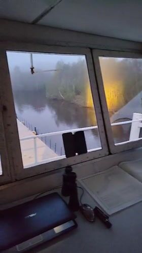 Foggy night river transit documented near Volokov Most, Russia