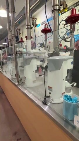 The video shows a row of identical, white, stand-alone ice cream makers on a stainless steel counter in what appears to be an ice cream shop.  Behind them are pipes and valves on a wall with a partial periodic table chart.  A clear glass barrier separates the machines from the customer area.  Steam or fog is visible around some of the machines. To the right of the machines, a container holds blue plastic spoons. A person in a black shirt is partially visible to the right.  The flooring is concrete.