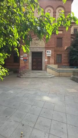 The video shows the entrance to a brick building with a large wooden double door. There are steps leading up to the door, with handrails on either side. To the left of the steps, there are some green leafy branches hanging over the scene. There are several signs attached to the building, including one that says "ifec". The ground in front of the building is paved with square tiles. The lighting suggests it is daytime, with the sun casting some shadows.