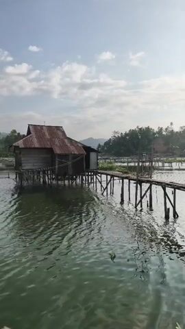 A static, vertical shot shows a small, weathered wooden shack with a rusty tin roof, built on stilts over a body of water. A narrow wooden walkway, also on stilts, connects the shack to a distant unseen shore or structure. The water has a greenish hue and gentle ripples. Lush green foliage is visible on the far bank, with hills or mountains in the background. The sky is partly cloudy with a bright blue sky visible between white clouds. The time stamp indicates the video is about 4 seconds long. No people are visible in the frame.