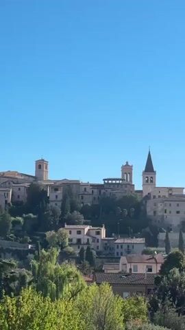 The video pans from left to right across a scenic view of an old Italian town built on a hillside. The buildings are made of stone and plaster and are topped with terracotta roofs. The town features several church towers, one with a distinctive pointed spire. The hillside is covered in lush green trees, including tall evergreen trees and leafy deciduous trees. The sky is a clear, bright blue. The overall impression is one of a tranquil, picturesque historical European village bathed in sunlight.