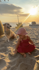 Baby plays with dog on North Kuta beach at sunset