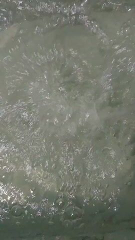 The video shows a close-up view of water with bubbles. The water is somewhat murky and appears to be in motion. Bubbles are rising and popping on the surface.