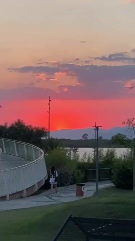 This vertical video captures a vibrant sunset over a serene landscape. The sky is ablaze with fiery reds and oranges, transitioning into softer pinks and purples, with scattered clouds adding texture. A silhouetted mountain range forms the horizon, partially obscuring the setting sun, which peeks through a gap, creating a dramatic effect.

In the foreground, a curved white railing suggests a walkway or bridge. A young person with long dark hair, wearing a white t-shirt with a black design on the back (possibly a number like "28"), walks away from the camera on a paved path. Lush green foliage, including trees and shrubs, surrounds the path and the walkway.

Beyond the greenery, a body of water, likely a river or bay, is visible, reflecting the colors of the sunset. A white structure with a latticed roof, possibly a gazebo or pergola, stands near the water's edge. A tall, thin pole with multiple bird-like silhouettes is a prominent man-made object in the scene. Another lamppost is visible on the right. The overall mood is peaceful and contemplative, enhanced by the breathtaking natural spectacle. The time of day is clearly sunset, indicated by the intense colors and the position of the sun. The presence of lush greenery and water suggests an outdoor setting, perhaps a park or waterfront area.
