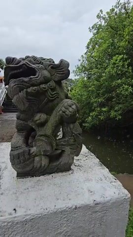 The video begins with a close-up of a weathered, moss-covered stone statue of a mythical beast, possibly a lion or dragon, with its mouth open in a roar. The statue is intricately carved and appears to be part of a larger structure. The camera then pans to reveal a stone bridge with ornate white railings, leading towards a set of stairs. The bridge spans a calm body of water, likely a pond or canal, on the right side of the frame. Lush green trees and foliage line the banks of the water and surround the area. The sky is overcast, suggesting a cloudy day. The path on the bridge is made of stone pavers and appears wet, possibly from recent rain. Further down the bridge, there's a multi-tiered structure with more stairs and railings, hinting at a temple or cultural site. The overall impression is one of a serene, historical, or spiritual location, with the statue acting as a guardian or decorative element. No people are visible in the video.