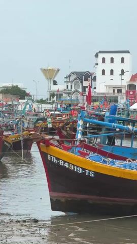 The video shows a close-up view of several colorful fishing boats docked in a harbor. The boats are predominantly blue, red, and yellow, with visible markings such as numbers and letters on their hulls, for instance, "BTH-84919-TS" on the front boat. The boats are tightly packed together, suggesting a busy port. In the background, buildings of varying heights and architectural styles are visible, including a white multi-story building with red-trimmed windows and a tall water tower. Numerous red flags are attached to the boats and buildings, possibly indicating a national holiday or celebration. The water in the harbor appears murky, and the ground on the edge is muddy. The sky is overcast, creating a muted lighting condition. There are no visible people in the frame, and the boats appear to be stationary. The overall scene depicts a bustling fishing community at anchor.