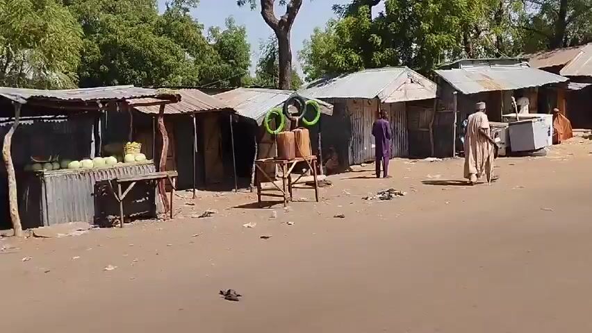 The video depicts a bustling marketplace in what appears to be a small town or village. The environment consists of simple, corrugated metal structures serving as shops or dwellings lining a dirt road. The area is populated by numerous individuals, many of whom are dressed in traditional clothing, including colorful robes and head coverings. Some are engaged in commercial activities, while others are walking or interacting in groups. The presence of vehicles, such as cars and motorcycles, along with bicycles and wheeled carts, indicates a mix of transportation methods. Overall, the scene portrays a vibrant community hub with a blend of everyday life, economic activity, and cultural elements.