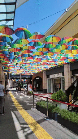 Colorful umbrellas and water features in a Yenişehir arcade