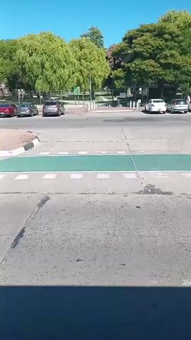 The video captures a dynamic, sunny day street scene, likely filmed from a moving vehicle. The sky is clear and bright blue throughout the footage.

The video begins by showing a wide street with a distinct green-painted bicycle lane marked with white arrows. Several cars are visible on the road, some parked and some moving slowly, suggesting an intersection or a busy area. Beyond the road, there's a grassy median with lush green trees, some with weeping branches, and a glimpse of buildings in the background.

As the camera pans to the right, a person is seen walking on a paved path next to the grassy median. A tall utility pole, painted with red, white, and blue stripes, stands out against the green and blue background. A red pickup truck drives past on the road, followed by other cars partially obscured by the trees.

The pan continues, revealing a large, modern building with a prominent glass facade. This building is identified by a sign that reads "Antel Arena." In front of the building, there's another multi-lane road. Traffic signals are visible at an intersection, with one pole painted similarly in red, white, and blue. Various cars, including white sedans, a silver hatchback, and a grey SUV, drive past the arena. A person on a motorcycle also passes through the intersection. Towards the end of the video, orange and white striped traffic cones and a construction barrier with a black and red arrow pattern are seen on the side of the road, indicating possible road work or a designated detour.

The overall impression is of a vibrant, active urban environment on a clear, warm day.
