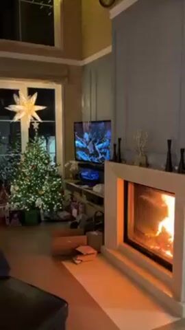 The video shows a decorated living room at night. There is a lit Christmas tree adorned with ornaments and a star on top. Underneath the tree are wrapped presents. Beside the tree is a large window that looks out onto the darkness. In the center of the room is a TV showing an image of an alien. A lit fireplace sits beside the TV. Some cardboard boxes are on the floor. The ceiling is paneled. The room is dimly lit.