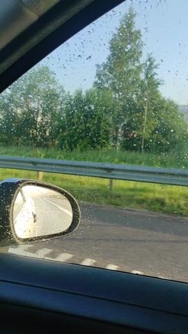 The video captures a view from inside a car driving on a road, likely in Maardu, Estonia. The foreground is dominated by a car window with numerous raindrops, indicating rainy weather. A side-view mirror is visible, reflecting the passing scenery.

The scene outside the car includes a road surface, a metal guardrail, and lush green trees. In the background, industrial or large warehouse-like buildings with grey, corrugated metal exteriors are visible, interspersed with more trees. The sky appears bright, suggesting it is daytime, possibly late morning or early afternoon, despite the rain.

The activity is clearly a car journey, with the perspective shifting slightly as the vehicle moves. The raindrops on the window create a slightly distorted and textured view of the outside world, giving the footage a somewhat serene or introspective feel. There is no visible text in the video. The location context of Maardu, Estonia, aligns with the industrial and rural elements observed in the landscape.