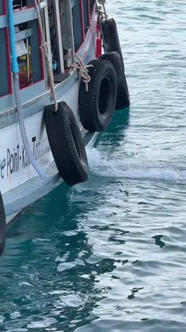 This video shows a side view of a boat with several people on it. The boat is in the water, and there are tires attached to the side of the boat as fenders. The water is blue and appears to be calm. Some people are standing on the deck of the boat, and others appear to be in the water swimming or snorkeling. The boat has multiple levels and appears to be a tour boat or ferry.