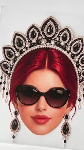 The video displays a close-up, still image of a person's face. The person has vibrant red hair and is wearing large, black, cat-eye sunglasses. They are also adorned with a decorative headdress or crown featuring black teardrop-shaped jewels and pearls, as well as large, dangling black earrings with similar jewel and pearl embellishments. The person's lips are painted a bold red. The background is plain white.