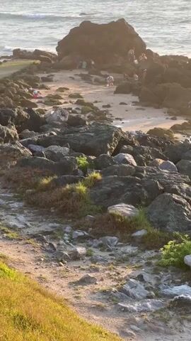 A rocky shoreline with a pathway leading towards the ocean. Several people are scattered across the rocks and beach area, some appearing to be interacting or observing the water. The ocean has gentle waves. The lighting suggests it is either sunrise or sunset, casting a warm glow on the scene. The foreground features dry grass and dirt path.