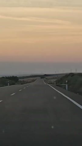 The media shows a road curving through a rural landscape at sunset. The sky is a soft gradient of orange and pink, with streaks of clouds. In the distance, a row of wind turbines can be seen on the horizon. The road is asphalt with white lane markings and guardrails on the sides. The surrounding vegetation is green and somewhat overgrown. The time of day is sunset, indicated by the warm, soft lighting and the colors in the sky. The scene evokes a sense of calm and a peaceful journey. There are no visible people or text in the media. The location is identified as Muel, Spain.