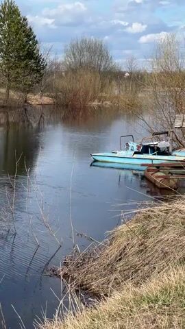 The video shows a scene along a riverbank. A light blue boat is docked at a small, simple wooden dock. Next to it is a rusty, green-colored rowboat. The ground is covered in dry, brown grass and a few small bushes. Bare trees and small buildings can be seen in the background, under a partly cloudy sky. The water in the river is dark and still.