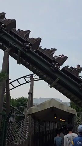 The video shows a roller coaster car ascending a steep incline. The car is dark brown and has multiple rows of seats, each occupied by passengers. The roller coaster track is dark green and is supported by thick, brown pillars. Below the track, there is a queue line for the roller coaster, with several people waiting. The queue area is fenced with wooden posts and netting, and there is a covered waiting area with lights. The background shows some greenery and buildings. The sky is overcast.