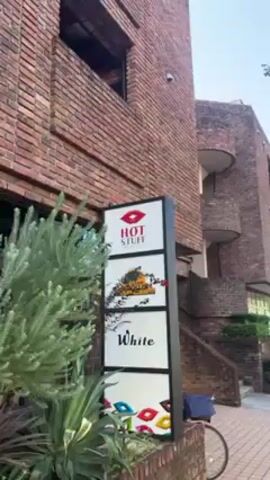 The video shows a brick building with a vertical sign in front. The sign has three sections. The top section says "HOT STUFF PROMOTION" in red letters with a red lips logo above. The middle section has the logo of "APOLLO BROTHERS". The bottom section says "White". A bush and other plants are on the side of the sign. A bicycle is parked near the sign.