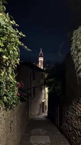 The video is a vertical shot of a narrow, cobblestone alleyway at night. The alley is lined with stone walls, some of which are covered in ivy. There are buildings on either side of the alley, and a bell tower is visible in the distance, illuminated by lights. There are no people or animals visible in the video.