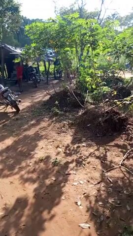 The camera pans from a plot of dirt and uprooted shrubs to a community gathering spot. Several people sit in blue plastic chairs and converse, near parked motorcycles. A child walks in the dirt. Behind them is a small brick structure and several white tents. Trees and greenery surround the area. The ground is a red-brown dirt. It is a sunny day.