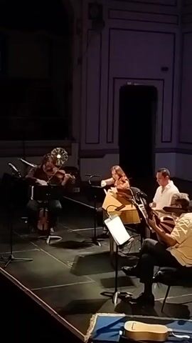 A stage performance features five individuals playing instruments. Two violinists sit on the left, one in the foreground and one in the background. A woman is seated in the center playing a bandurria. To her right, a man plays a guitar, and further to the right, a woman plays the cello. All the musicians have sheet music stands in front of them, and the stage is dimly lit with a large spotlight on the upper left corner. The room features tall, patterned walls. A guitar case rests in the corner of the foreground.