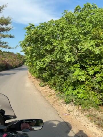 The video shows a first-person perspective of someone riding a motorcycle on a paved road. The road is bordered by lush green trees and bushes. The sky is blue with some clouds. The rider's hand and part of the motorcycle's handlebar and windshield are visible in the foreground. The scene appears to be a sunny day in a natural, possibly rural or coastal, environment.