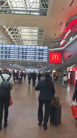 The video captures a busy indoor scene, likely a train station or airport terminal in China, indicated by the digital display board and location context. Numerous individuals are seen walking across a wide, tiled floor. Many people are pulling rolling suitcases or carrying bags, suggesting they are travelers.

A woman in a dark suit is seen walking towards the camera, pulling a dark blue suitcase, while a man in a dark suit walks away from the camera, carrying red and white shopping bags. The area is brightly lit, with natural light filtering through a high, geometric ceiling structure made of metal beams and glass panels.

A large digital departure/arrival board dominates the upper background, displaying train numbers (e.g., G308, G71), times, and platform numbers (e.g., 6, 7) in what appears to be Chinese characters. Some entries on the board are highlighted in green, possibly indicating on-time departures. To the right of the board, a prominent red sign with the yellow "M" logo for McDonald's is visible, indicating the presence of a fast-food establishment. Other indistinct shopfronts line the walls of the spacious hall. The atmosphere is that of a bustling transportation hub, with people moving purposefully through the space.