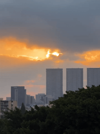 Tel Aviv skyline glows orange at sunset