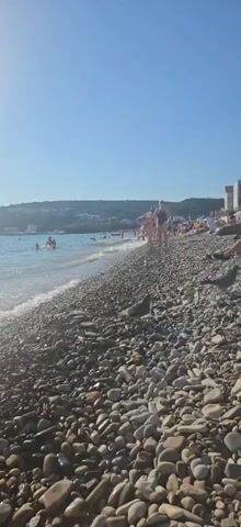 The video shows a wide shot of a pebble beach with the ocean on the left and a hillside with buildings in the background. The sky is clear and blue. There are several people swimming and wading in the ocean. On the beach, a few people are walking and sitting. A bird is walking on the pebbles in the foreground. The waves are gently rolling onto the shore. The sun is shining brightly.