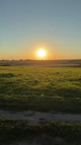 A camera pans across a grassy field towards the setting sun. The sky is a gradient of light blue to orange. The sun is a bright circle near the horizon, casting a warm glow over the landscape. There are a few power lines and distant trees visible on the horizon. The foreground is dominated by green grass and a dirt path.