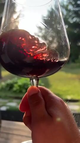 The video shows a close-up of a hand holding a wine glass filled with red wine. The hand is rotating the glass, causing the wine to swirl. The background is blurred and appears to be an outdoor setting with greenery and sunlight. The lighting suggests it is either sunrise or sunset.