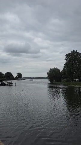 The video pans from left to right across a body of water on an overcast day. On the far left, a small dock with a boat is visible. The water has gentle ripples. On the right side of the frame, a large, ornate castle with multiple towers and a golden dome stands on the opposite shore. Trees and vegetation are present between the water and the castle. The sky is filled with gray clouds.