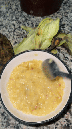 Banana mashed with spoon in bowl, Sabon Tasha