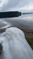 White foam spotted on concrete near water in Chaikovsky